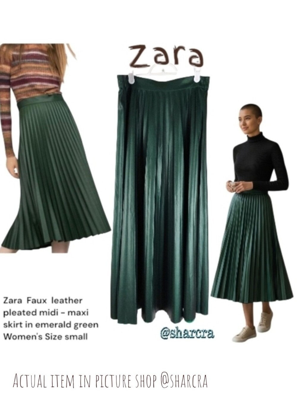 Zara Emerald Green Faux Leather Pleated Midi Maxi A-Line Skirt Women's Raw Hem S